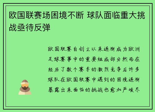 欧国联赛场困境不断 球队面临重大挑战亟待反弹