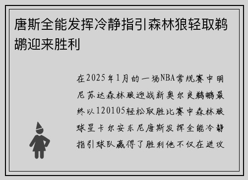 唐斯全能发挥冷静指引森林狼轻取鹈鹕迎来胜利