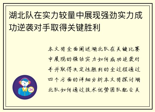 湖北队在实力较量中展现强劲实力成功逆袭对手取得关键胜利